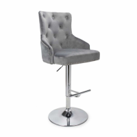 Set Of 4 Grey Velvet Height Adjustable Bar Stools Chrome Base Footrest