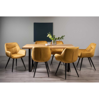 Modern Oak 6 Seater Rectangular Dining Table Set 6 Mustard Yellow Velvet Chairs