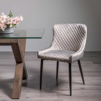 Modern Grey Velvet Fabric Upholstered Dining Chair Diamond Stitched Pattern on Black Legs