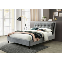 Megan 150cm 5ft King Size Bed Grey Velvet Fabric Upholstery Buttoned Pillow Headboard
