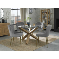 Turin Clear Glass Round 4 Seater Small Dining Set 4 Grey Velvet Fabric Chairs