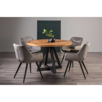 Rustic Oak Round Dining Table Set with 4 Light Grey Velvet Tub Chairs