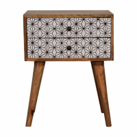 Prima Nordic Style Mango Wood 2 Drawer Pattern Printed Bedside With Brass Knobs 57 x 45cm