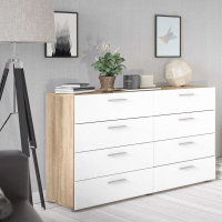 Trendy Oak And White High Gloss 8 Drawer Bedroom Chest With Metal Handles 82 x 140cm
