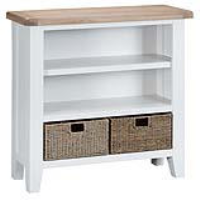Modern Oak Wood White Painted Small Bookcase With Shelf And 2 Wicker Baskets 90 x 90cm