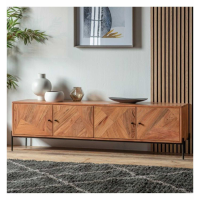 Modern Grained Wood 4 Door Media Storage Cupboard Unit Black Metal Frame