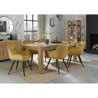 Modern Light Oak Large Extending Dining Table Set 6 Mustard Yellow Velvet Fabric Chairs