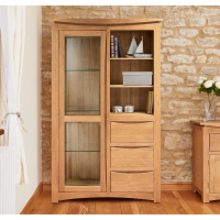 Modern Light Solid Oak Glazed Display Cabinet With Light 3 Drawers and Open Shelf Section