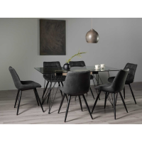 Miro Tempered Glass 6 Seater Kitchen Dining Set Hairpin Legs with 6 Dark Grey Faux Suede Fabric Chairs