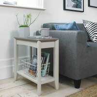 Grey Painted Sofa Side Lamp Table Washed Oak Top with Open Shelf Base