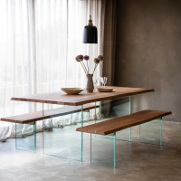 Modern Large Dining Table with Glass Legs Solid Acacia Wood Wavy Edge Top 240cm