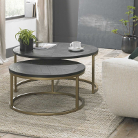 Round Nest Of 2 Coffee Tables Brass Metal Base Chevron Peppercorn Ash Top