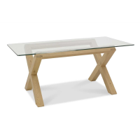 Large Modern Dining Table Clear Glass Top Light Oak X Base 180 x 90cm