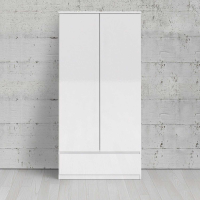 Traditional White High Gloss 2 Door Double Bedroom Wardrobe with Drawer 200.6 x 98.9cm