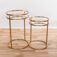 Gin Shu Metal Gold Leaf Parisienne Set Of 2 Round Mirrored Nesting Tables with Shelves