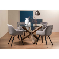 Modern Clear Glass Round Dining Table Set Dark Oak X Legs with 4 Grey Velvet Chairs 120cm Diameter
