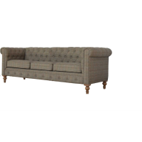 Modern Style Mango Wood And Tweed Upholstered 3 Seater Grey Chesterfield Sofa 76 x 210cm