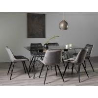 Glass 6 Seater Dining Table Set Hairpin Legs 6 Grey Velvet Fabric Dining Chairs 160x90cm