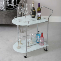 Value Bavaro Chrome Metal Drinks Serving Trolley White Glass Shelves With Wheels