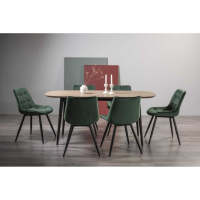 Vintage Weathered Oak 6 Seater Kitchen Dining Set 6 Seurat Green Velvet Fabric Chairs