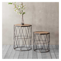 Modern Set of 2 Side Lamp Tables Aged Brass Metal Wire Wooden Tops