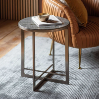 Black Finish Metal Framed Round Occasional Side Table Silver Marble Top