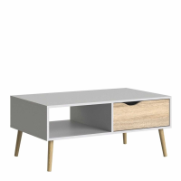Modern Retro White and Oak Low 1 Drawer Coffee Table With Cut Out Handle 43.3x98.7cm