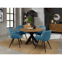 Rustic Oak Round 125cm 4 Seater Dining Table Set Cross Legs 4 Blue Velvet Fabric Chairs