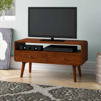 Curved Chestnut Solid Mango Wood Large Open Shelf 2 Drawer Media Unit on on Scandi Legs