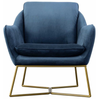 Modern Sapphire Blue Velvet Fabric Cushioned Seat and Back Chair on Black Metal Base