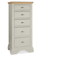 Hampstead Soft Grey Painted And Pale Oak Top 5 Drawer Tallboy Chest Bracket Feet 126 x 57 x 48cm