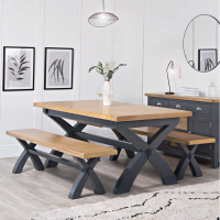 1.8m Large Cross Extending Kitchen Dining Room Table Charcoal Painted Lime Washed Oak Top