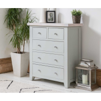 Modern Light Grey Painted 2 Over 3 Chest of 5 Drawers Chalked Oak Top 96x85x40cm