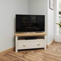 Modern Style Oak Top Dove Grey Painted 1 Drawer Corner TV Media Unit 48x90cm