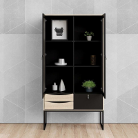 Shabby Chic Matt Black Light Oak 2 Glazed Door 3 Drawer China Cabinet