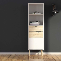 Retro Tall Slim White and Oak Scandinavian 2 Drawer And 1 Door Bookcase 171.3 x 50.2cm