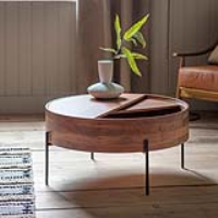Round Oak Wood Storage Coffee Table Black Metal Legs 80cm Diameter