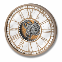 Distressed Mirrored Glass Round Gold Colour Wood Framed Clock With Silver Moving Mechanism