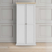 Modern White Painted 2 Door Tall Wardrobe With Cornice Oak Top