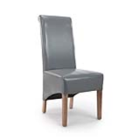 Putty Grey Leather Effect Roll Back Dining Chair On Natural Rubberwood Legs 106 x 46cm
