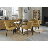 Modern Clear Glass Top 6 Seater Dining Table Set Light Oak Legs 6 Yellow Velvet Chairs Black Legs