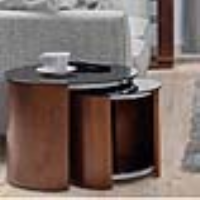 Modern Oak Cylindrical Round Nest of Tables with Black Glass Tops Walnut Body