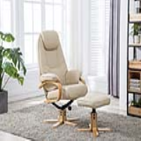 Modern Comfy Swivel Recliner Armchair and Footstool Cream Plush PU Light Beech Base