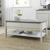 Grey Painted 2 Drawer Coffee Table Washed Oak Top and Lower Shelf