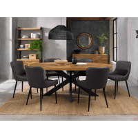 Ellipse Rustic Oak 6 Seater Dining Table And 6 Cezanne Dark Grey Faux Leather Chairs with Sand Black Powder Coated Legs