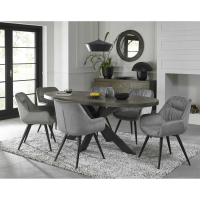 Modern Dark Oak Large Oval Dining Table Set 6 Grey Velvet Fabric Chairs