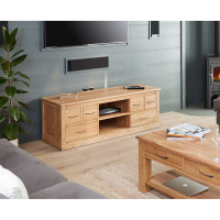 Large Widescreen Television TV Media Cabinet Open Shelf Solid Light Oak 6 Side Drawers
