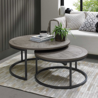 Silver Grey Wooden Circular Nest Of 2 Coffee Tables Metal Framed