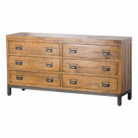 Draftsman Industrial Pine Wood Metal Wide Six Drawer Chest Of Drawers