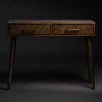 Gold Pine Wood 2 Drawer Parquet Console Hall Table Gold Legs 100cm